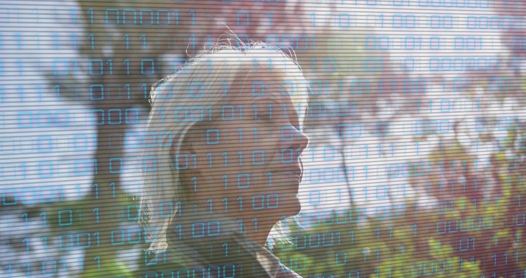Elderly Woman in Park with Binary Code Overlay Symbolizing Technological Enlightenment