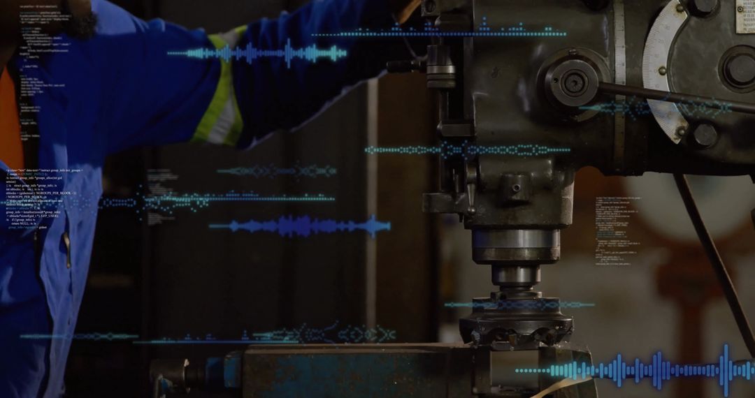 Industrial Machinist Adjusting Milling Machine with Code Overlays