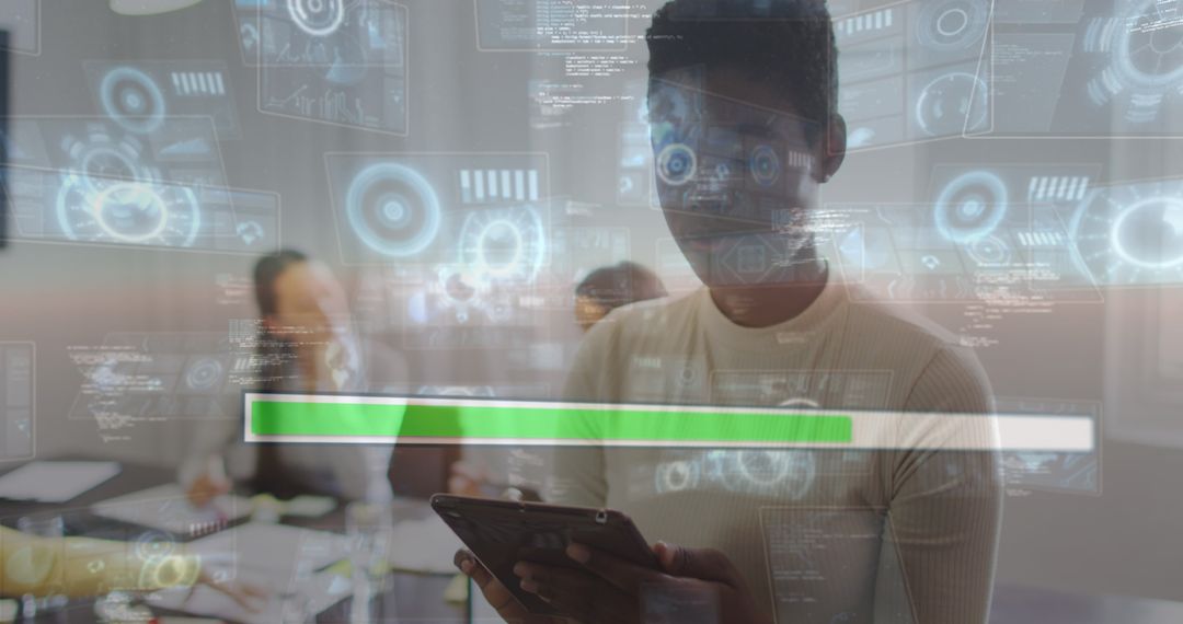 Businessman Using Smartphone with Futuristic Digital Overlay