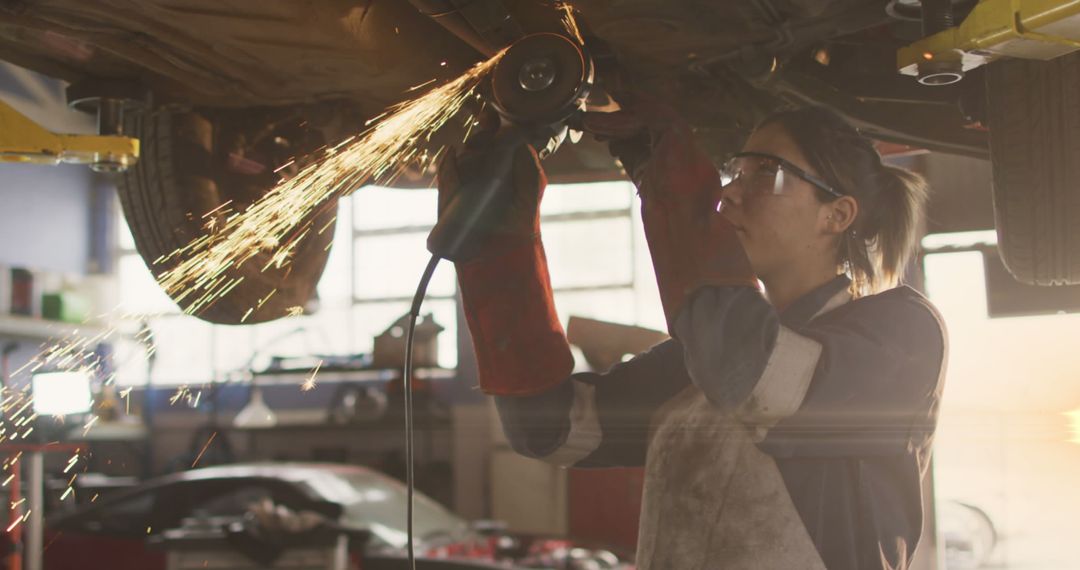 Female Mechanic Working with Angle Grinder in Auto Repair Shop - Free Images, Stock Photos and Pictures on Pikwizard.com