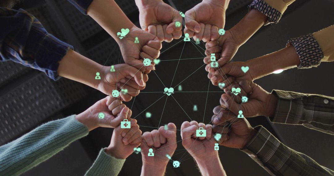 Diverse Hands Connected in Digital Network and Unity