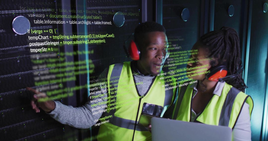 Technicians Collaborating in Data Center with Code Overlay