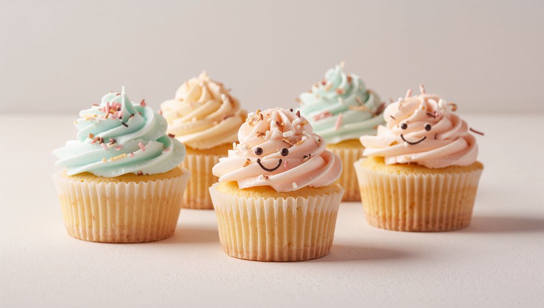 Pastel Smiling Cupcakes Displaying Swirled Buttercream, Chocolate Faces and Sprinkles