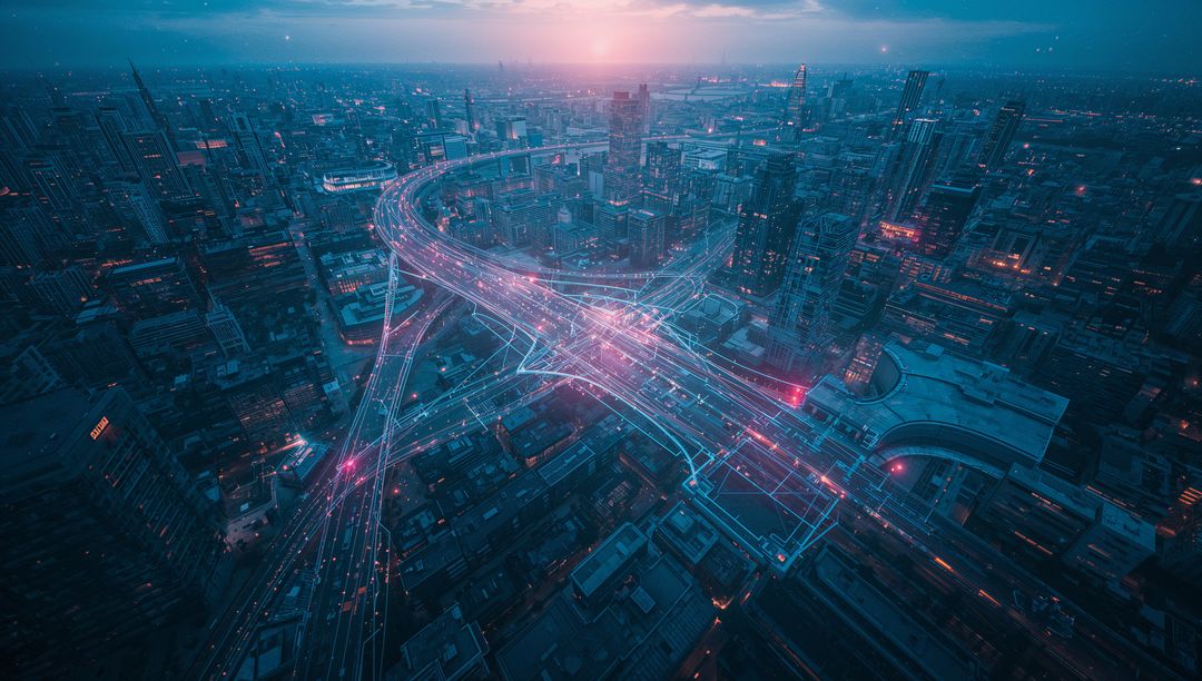 Futuristic Cityscape with Digital Grid Overlay at Dusk