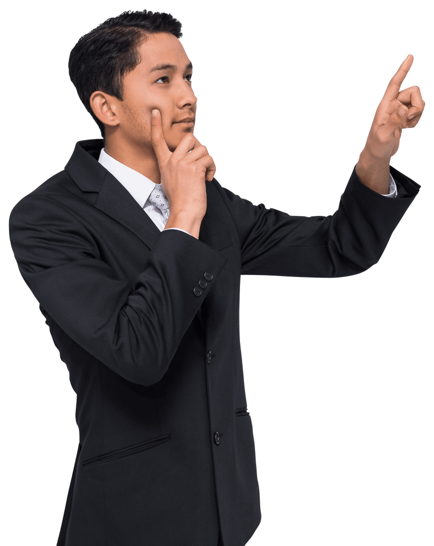 Transparent Biracial Businessman Pointing in Suit