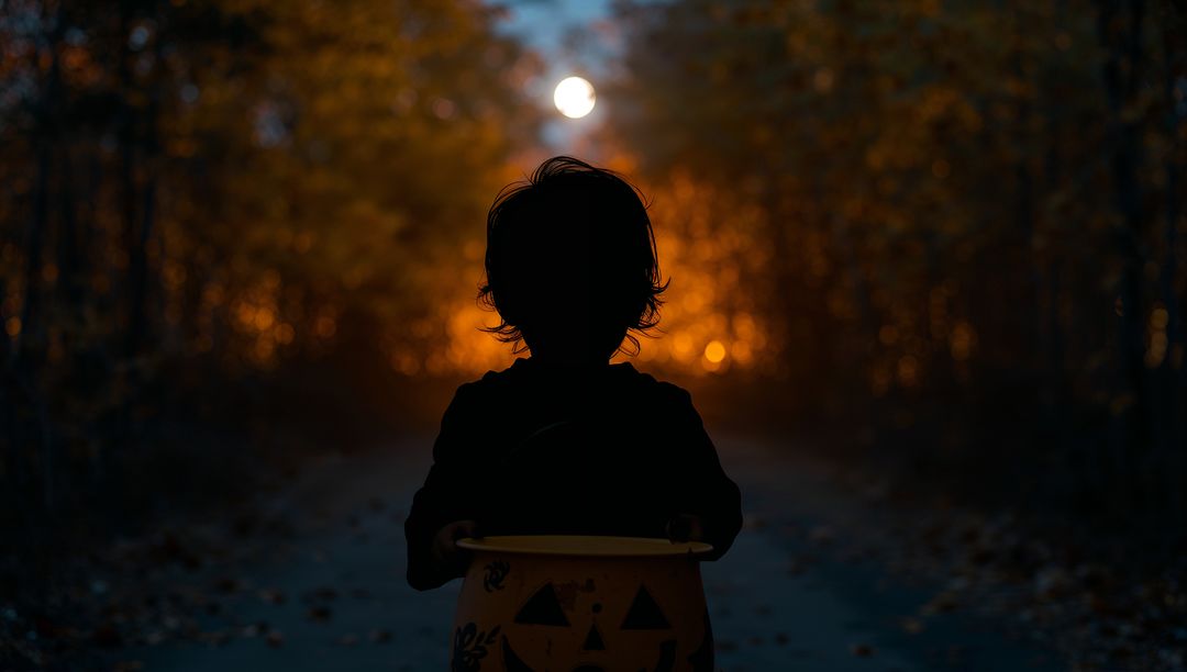 Silhouette of child holding pumpkin bucket on forest path at night