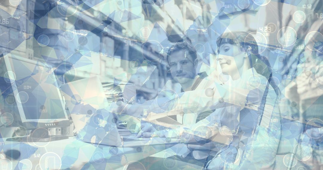 Couple Using Computer Amidst Digital Network Overlay