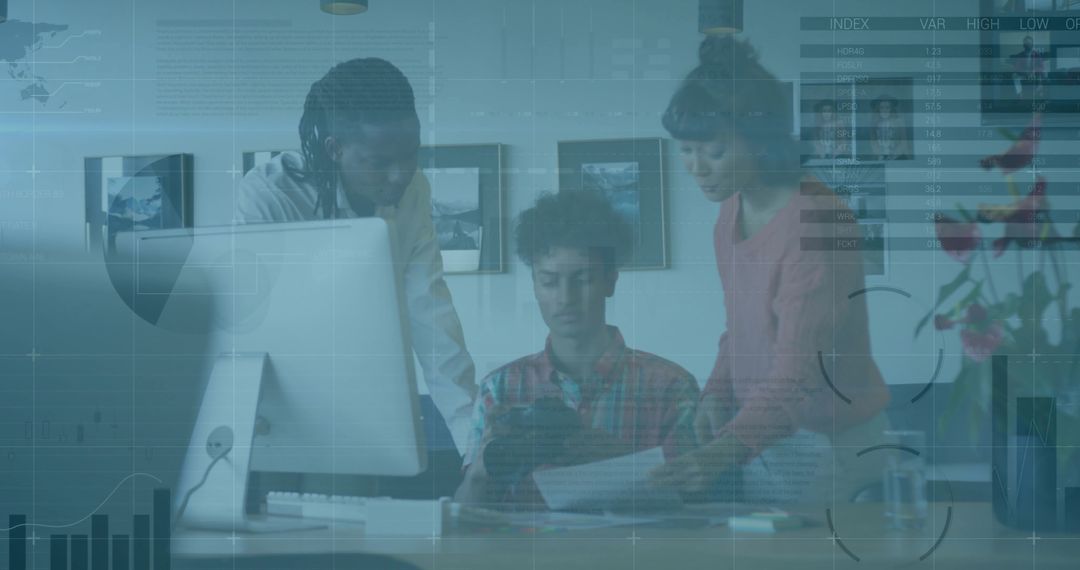 Diverse team collaborating over tablet and documents in office with analytics overlay