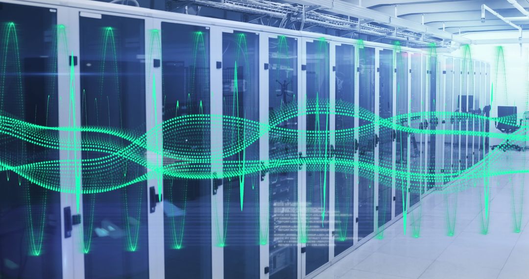 High-Tech Data Center with Digital Connections Overlay