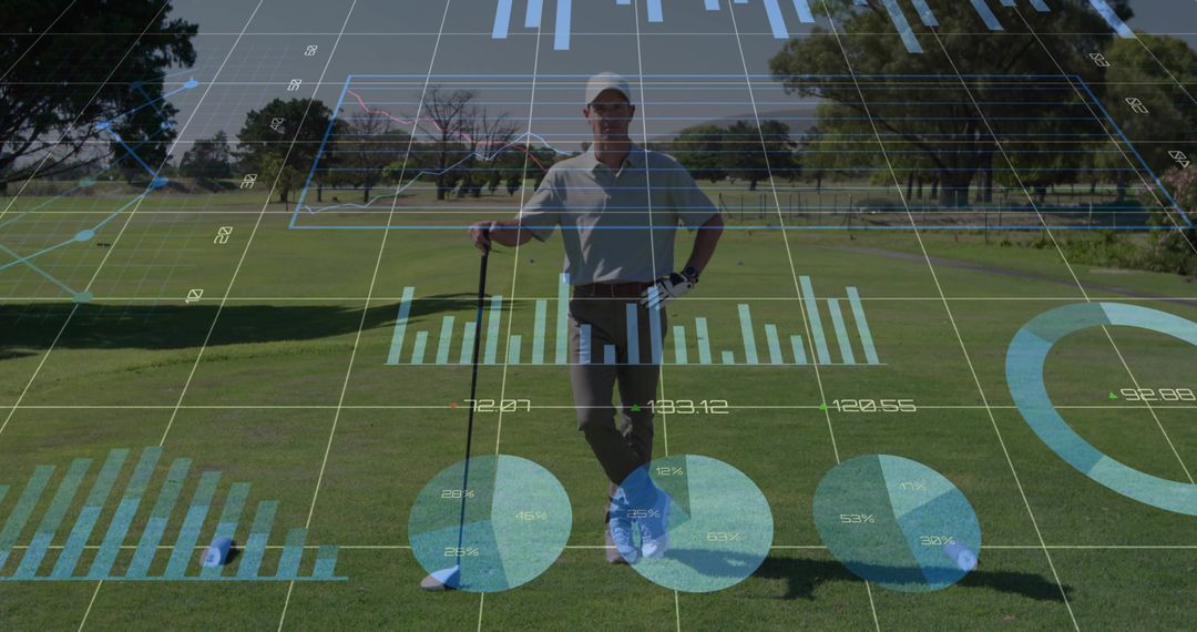 Golfer Analyzing Performance Data on Course with High-Tech Interface