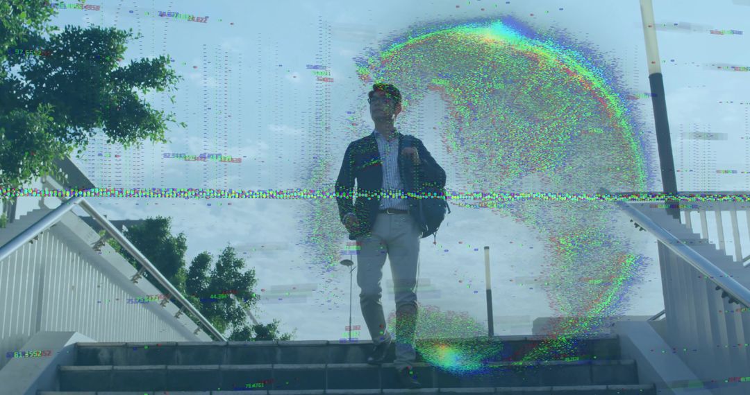Business Professional Walking on Stairs with Digital Glitch Effect