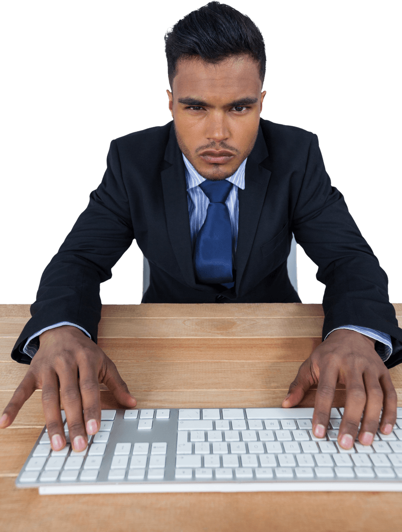 Focused Businessman Typing on Keyboard at Desk Transparent Background