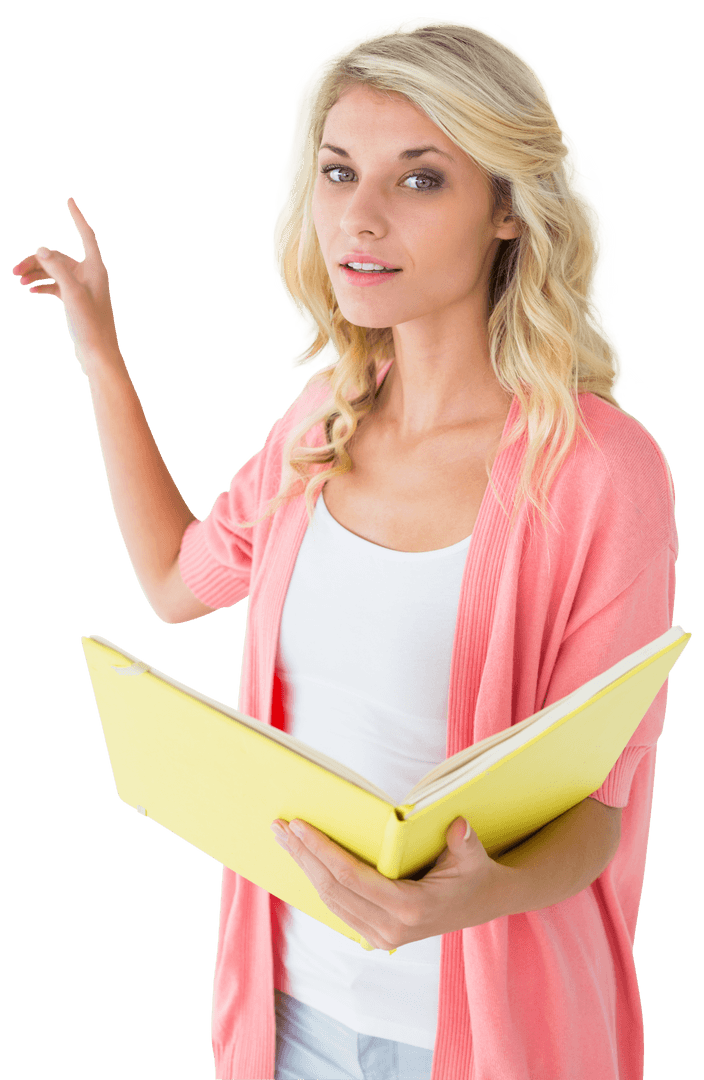 Caucasian Woman Holding Yellow Book Pointing on Transparent Background