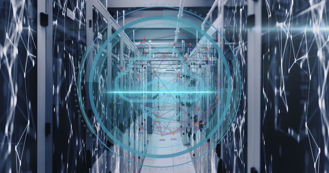 Futuristic Digital Interface Overlay in Modern Server Room