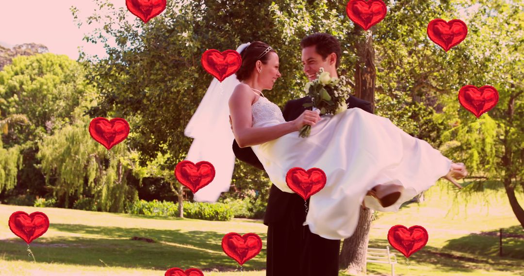 Romantic Newlywed Moment with Heart Balloons in Lush Park Setting
