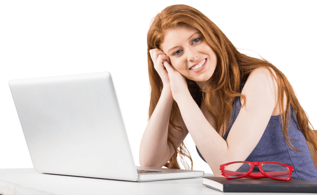Transparent Woman Smiling with Laptop and Red Glasses