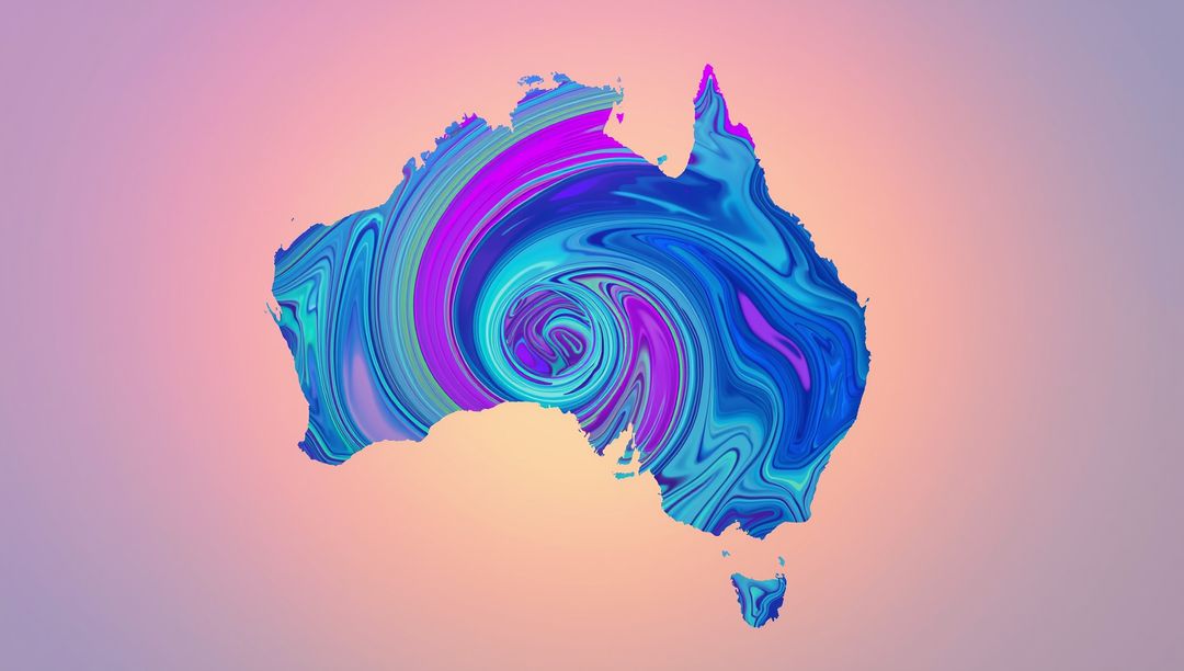 Abstract Australia Map with Marbled Swirl Pattern on Gradient Background