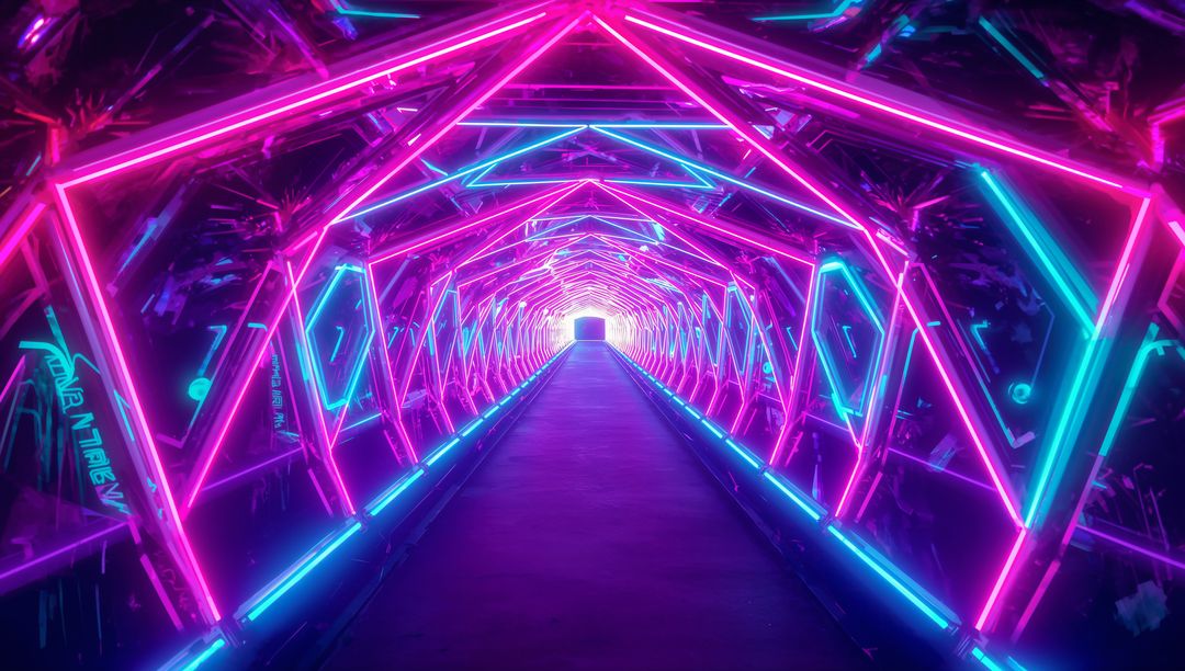 Futuristic Neon Tunnel Leading to Radiant Portal with Cyan and Magenta Geometric Lights