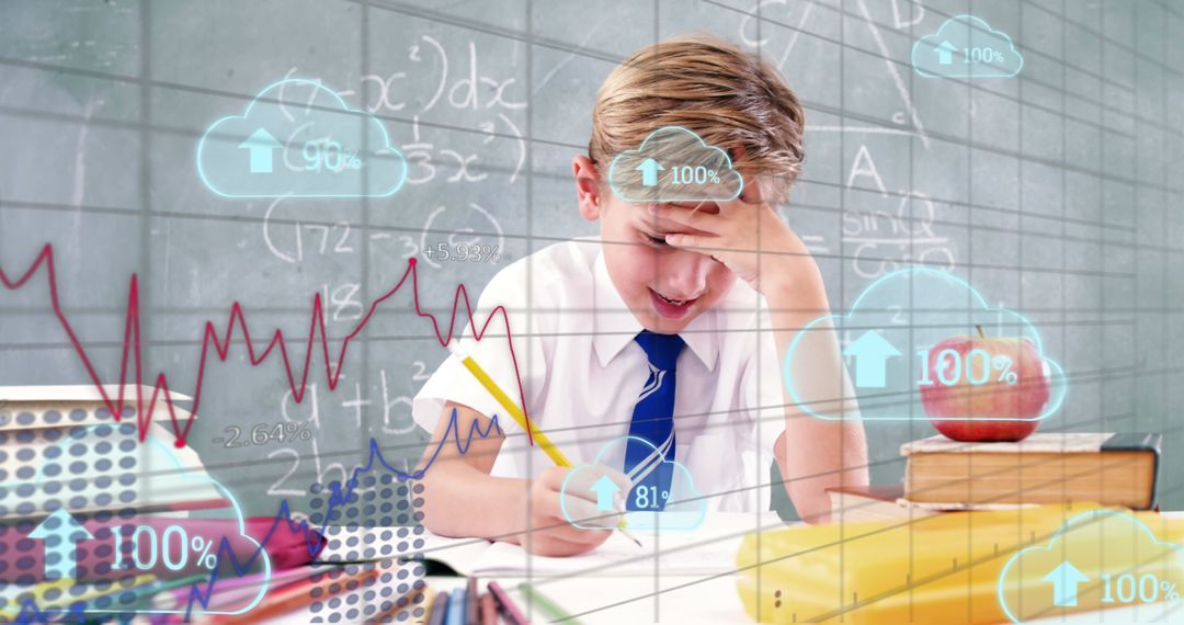 Schoolboy Engaged with Digital Data and Cloud Computing Concepts