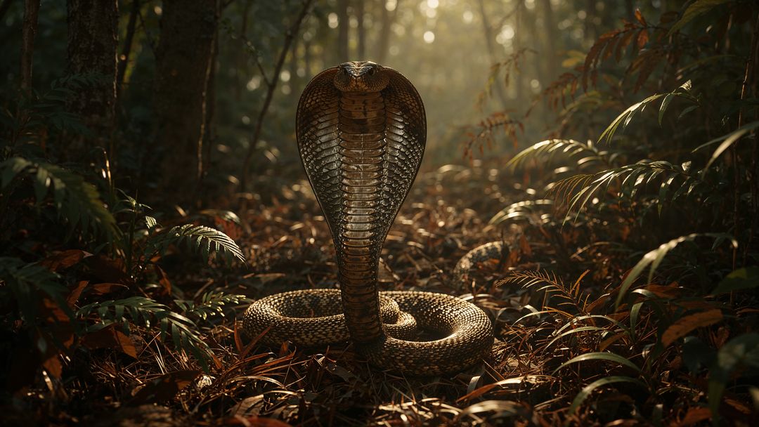 King Cobra with Intricately Patterned Hood on Forest Floor