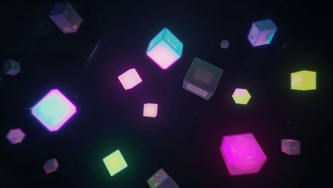 Neon Floating Voxels in Dark Void Futuristic Glowing Cubes with Soft Halos