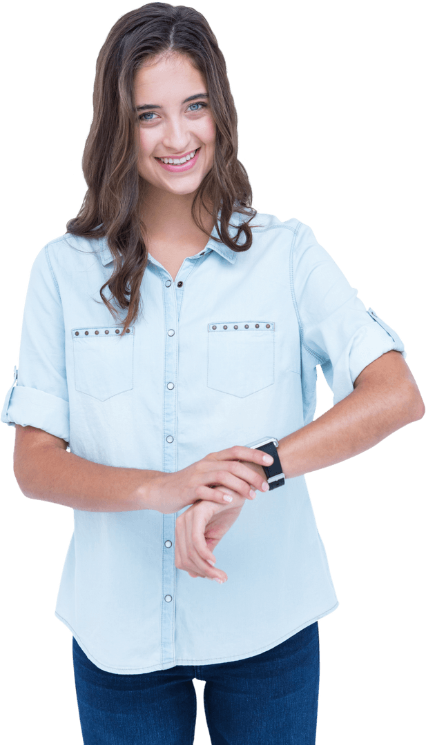 Smiling Young Woman Checking Smartwatch Transparent Background