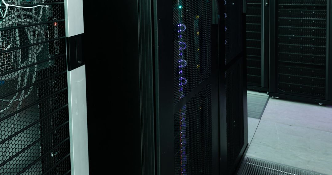 Advanced Data Center Row with Illuminated Server Racks and LED Lights