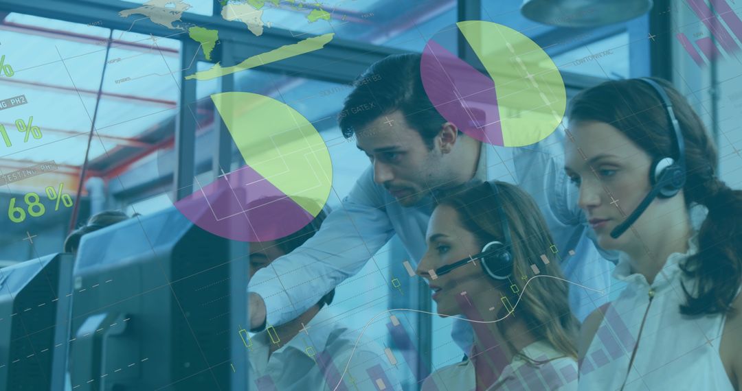 Team Collaborating with Digital Interface at Office Workstations