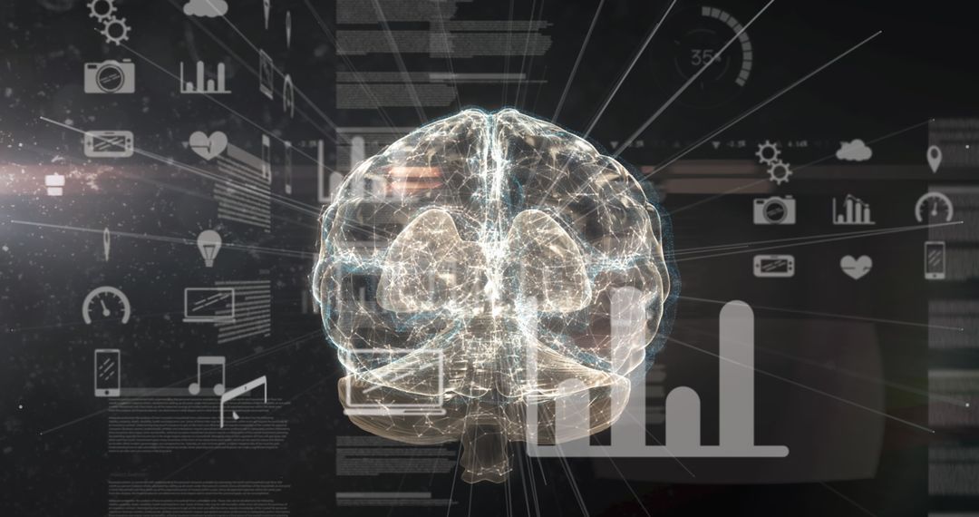 Glowing Digital Brain with Interface and Data Visualization