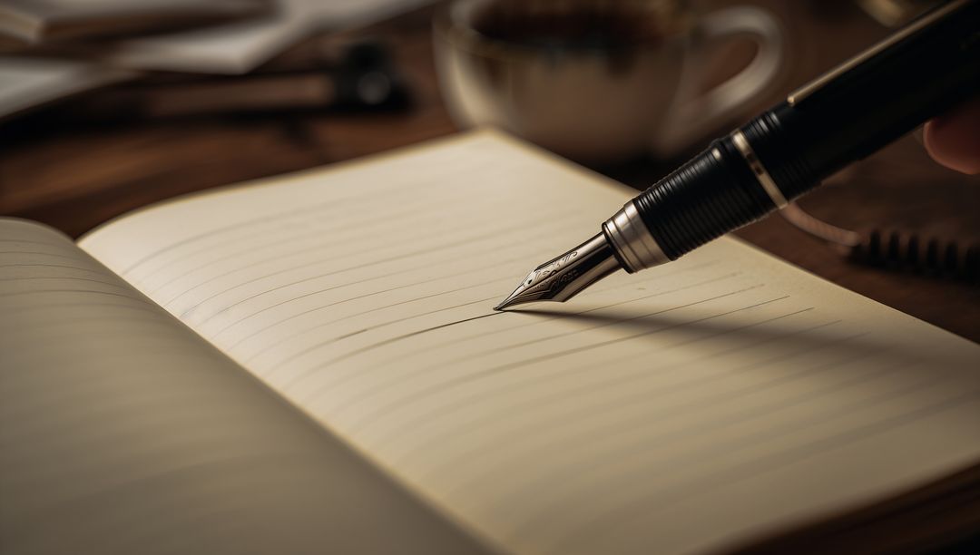 Fountain Pen Hovering Over Blank Notepad for Inspirational Writing