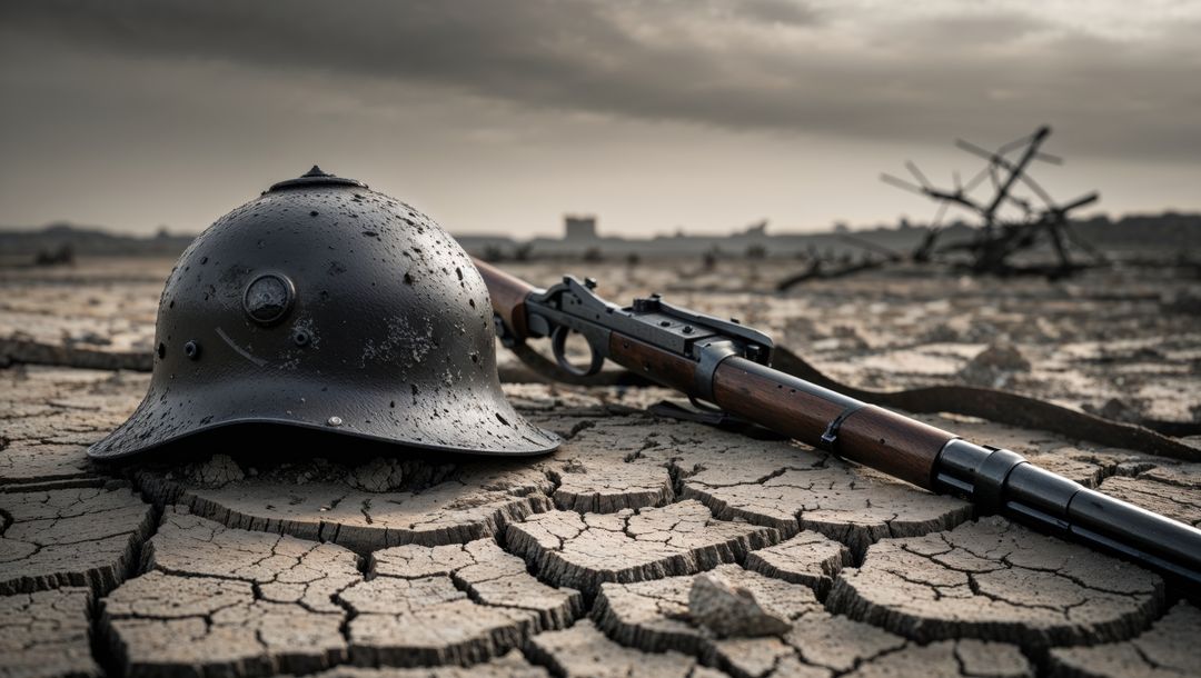 Historical first world war combat rifle and helmet abandoned on arid battlefield