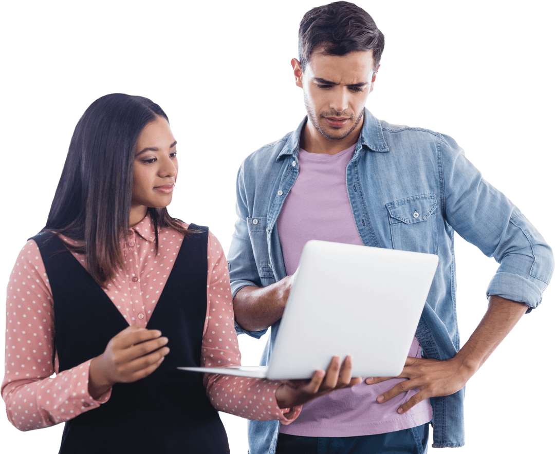 Transparent Business Team Analyzing Data Pragmatically with Laptop