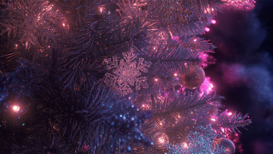 Festive Glow on Evergreen Branch with Snowflake Ornament