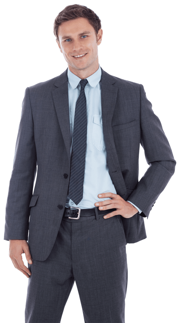 Smiling Businessman in Suit with Hand on Hip Transparent