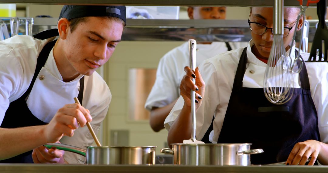 Chefs in professional kitchen cooking together and concentrating - Free Images, Stock Photos and Pictures on Pikwizard.com