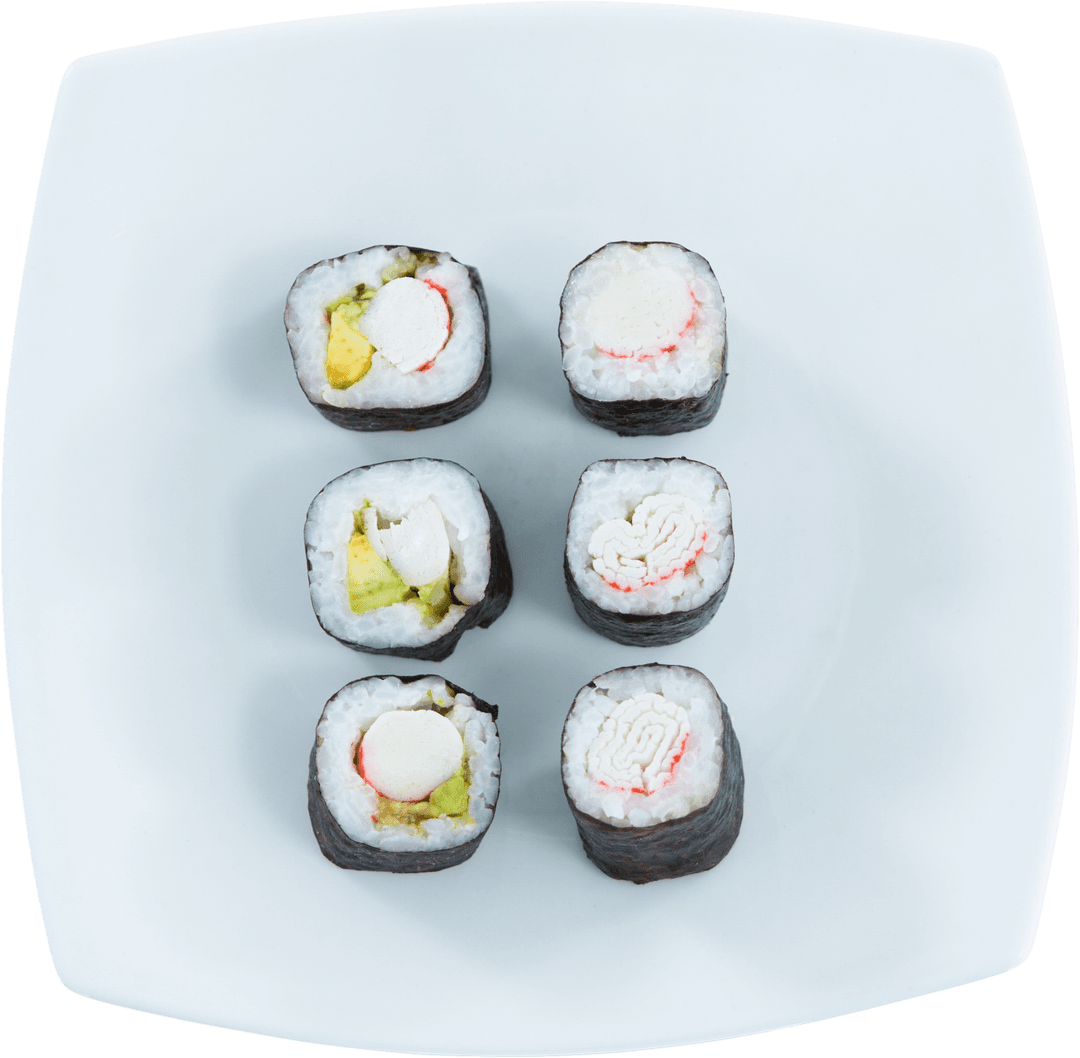 High-Angle View of Elegant Sushi Display on White Plate Transparent Background
