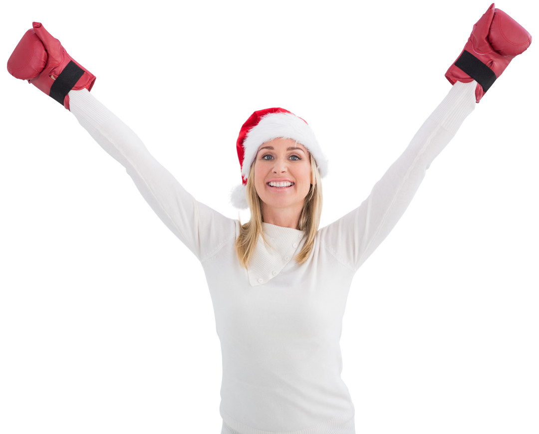 Festive Woman in Santa Hat Wearing Boxing Gloves on Transparent Background - Download Free Stock Images Pikwizard.com