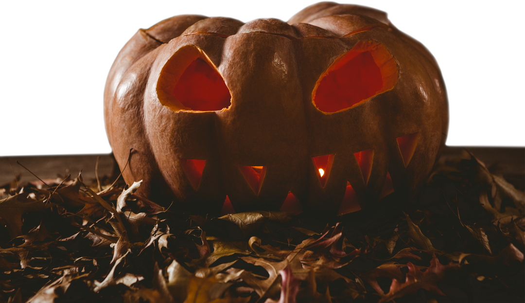 Creepy Carved Jack-O-Lantern with Leaves in Transparent Background - Download Free Stock Images Pikwizard.com