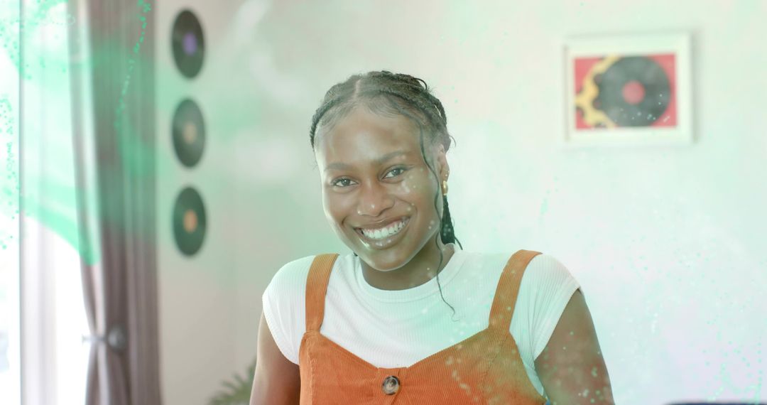 Smiling Woman in Pinafore Dress in Retro Bohemian Studio
