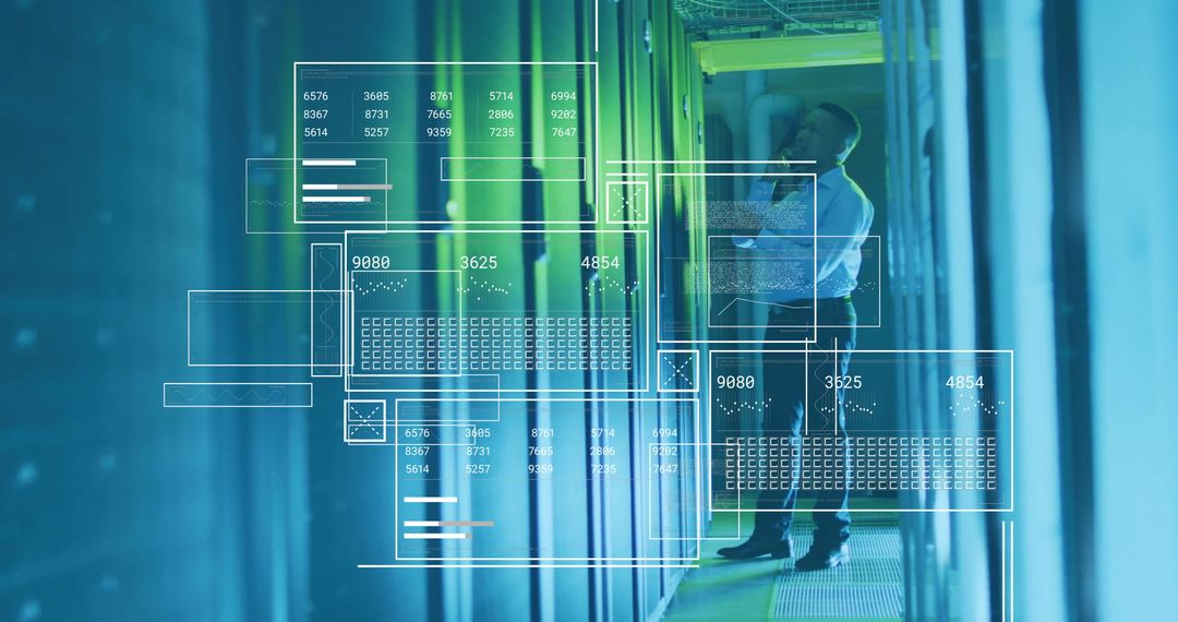 Data Flow Interface Over Server Room with Worker