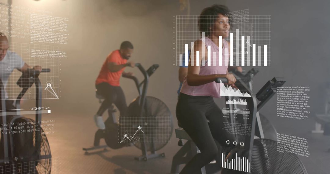 Diverse Individuals Exercising with Digital Fitness Data Overlay