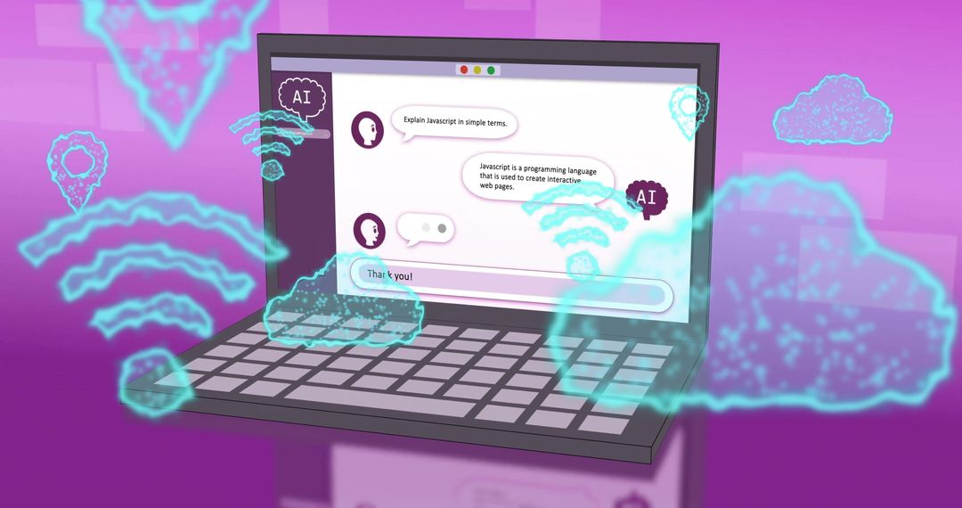 Futuristic AI Chat on Laptop with Iconography