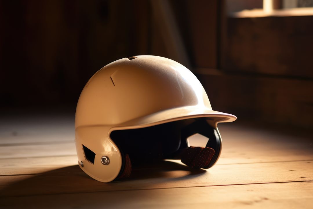 Close-Up of Baseball Helmet on Wooden Floor in Sunlit Room - Free Images, Stock Photos and Pictures on Pikwizard.com