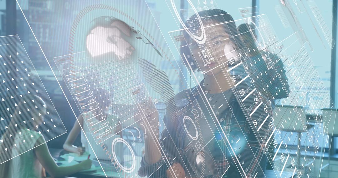 Team Analyzing Holographic Data in Tech Office Environment