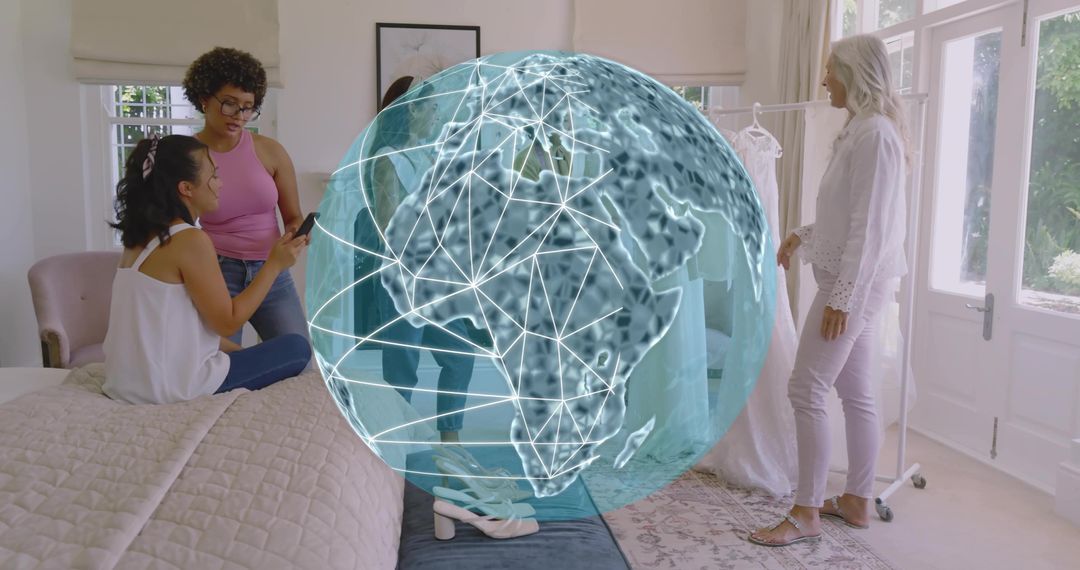 Women Collaborating on Wardrobe Styling at Home with Futuristic Holographic Globe Connection