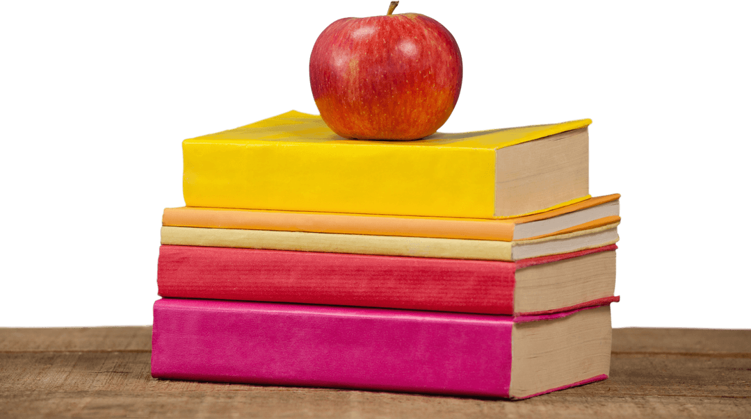 Transparent Apple on Stack of Books with Wooden Table