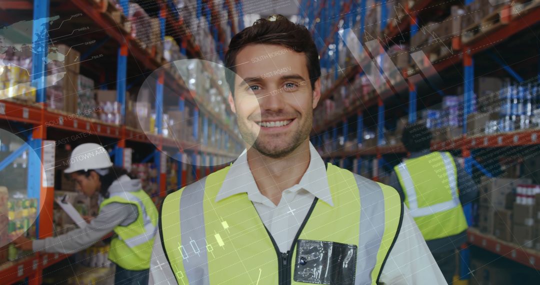 Warehouse Worker Smiling with Digital Graphs Overlaid on Shelves