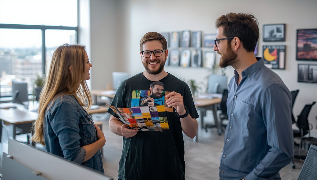 Team Collaboration with Colorful Brochure in Modern Office Scene
