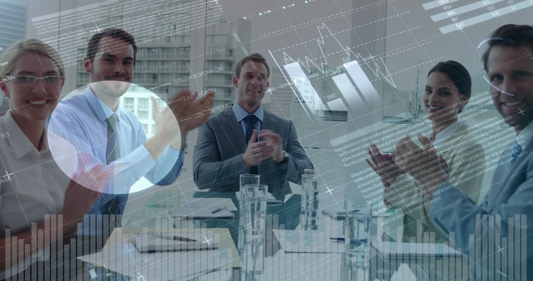 Diverse Team Celebrating Success with Data Visualization Elements