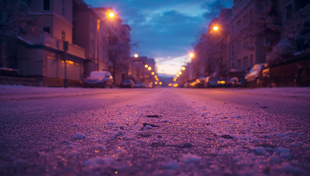 Enchanting Frosty Urban Street at Dusk with Glowing Streetlights